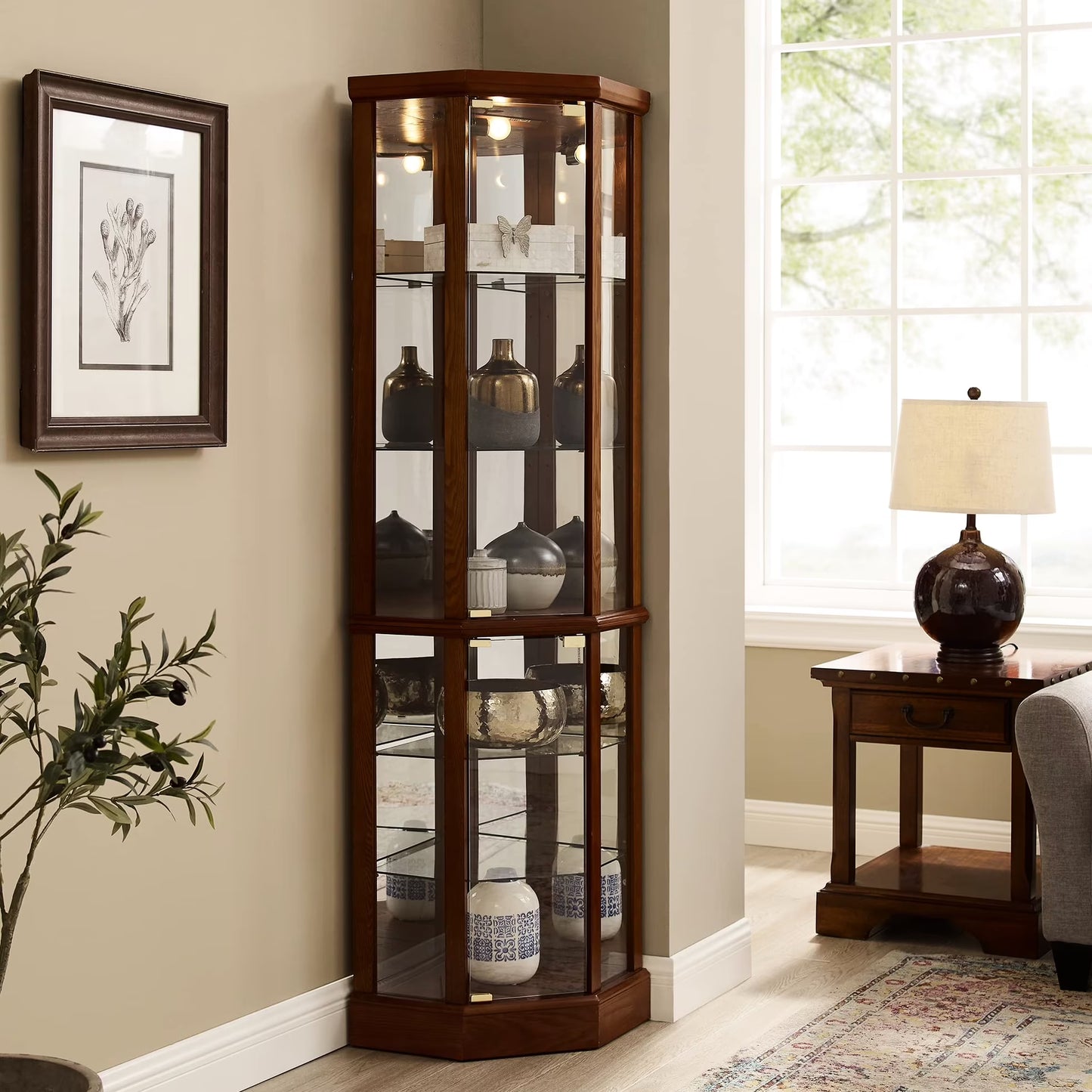 Walnut Cabinet With 6 Shelves, Adjustable Glass  Mirrored Back Design Shelf Lighted Corner Curio Shelves In(Walnut)