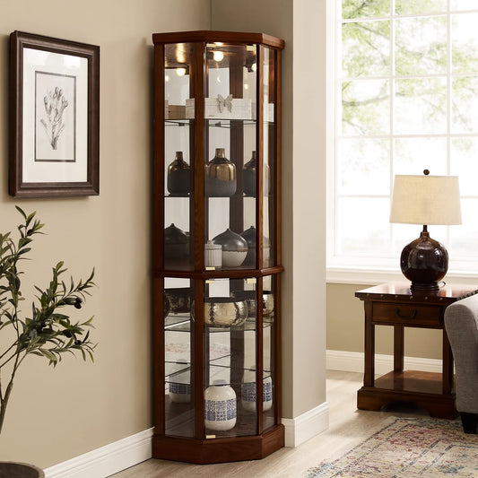 Walnut Cabinet With 6 Shelves, Adjustable Glass  Mirrored Back Design Shelf Lighted Corner Curio Shelves In(Walnut)