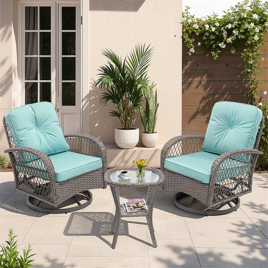 3 Piece Patio Swivel Rocker Chairs Set, 2 360-Degree Swivel Rocking Chairs with 1 Glass Top Table, PE Rattan Outdoor Bistro Set with Cushions for Balcony Deck Poolside Backyard Porch(Gray Rattan,Blue Cushion)